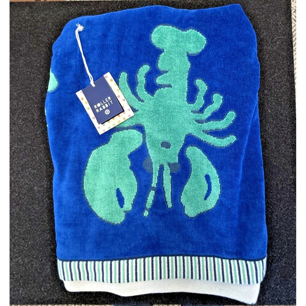 Roller Rabbit Blue Lobster Oversized Beach Towel‎ 40x72 Cotton Hanging Loop NWT
